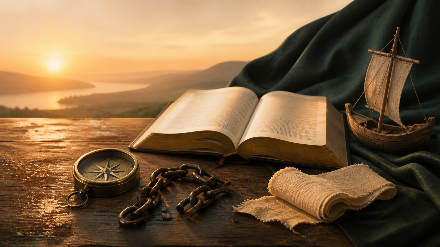 An open Bible surrounded by a compass, a broken chain, a bandage, and a small ship symbolizing Psalm 107