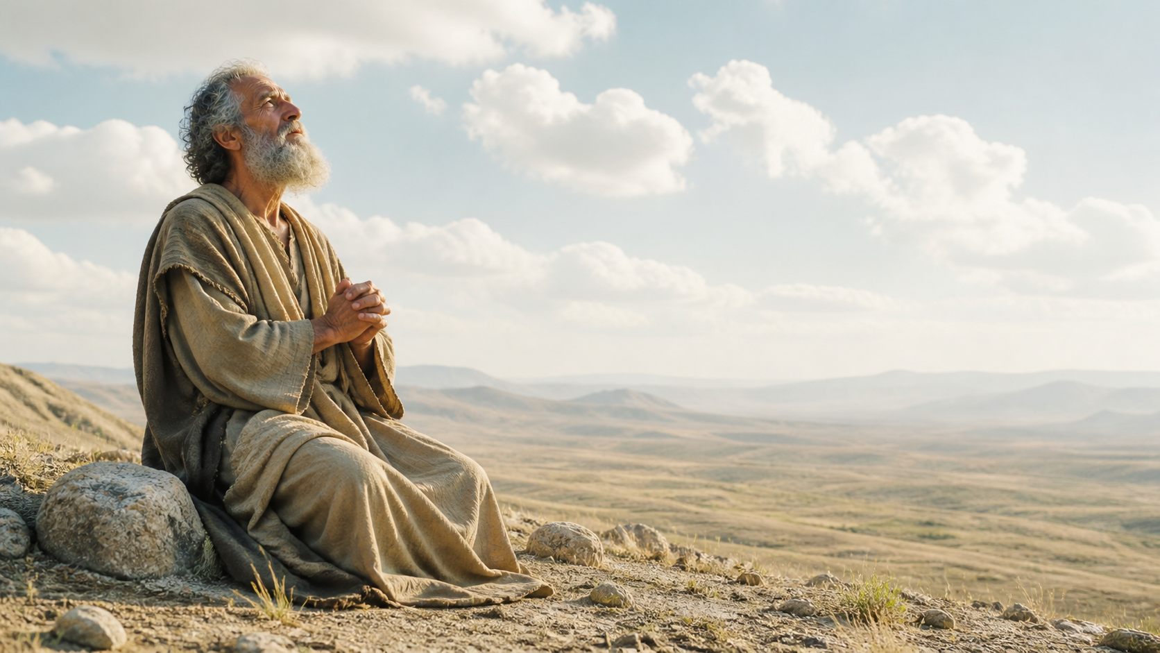 A man sits in prayer in a bright landscape after a storm has passed