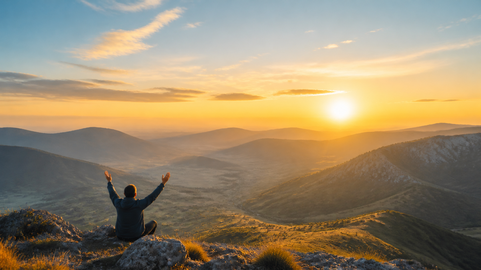 A person lifting their hands in gratitude toward sunrise over the mountains