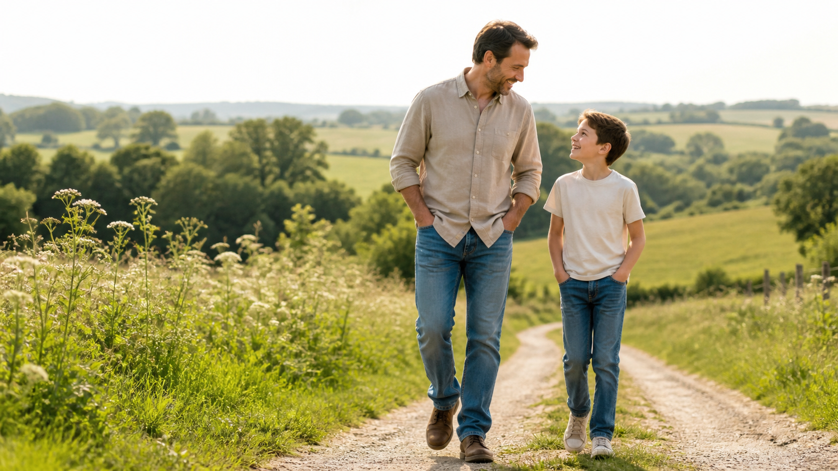 A father walking with his child along a bright country path