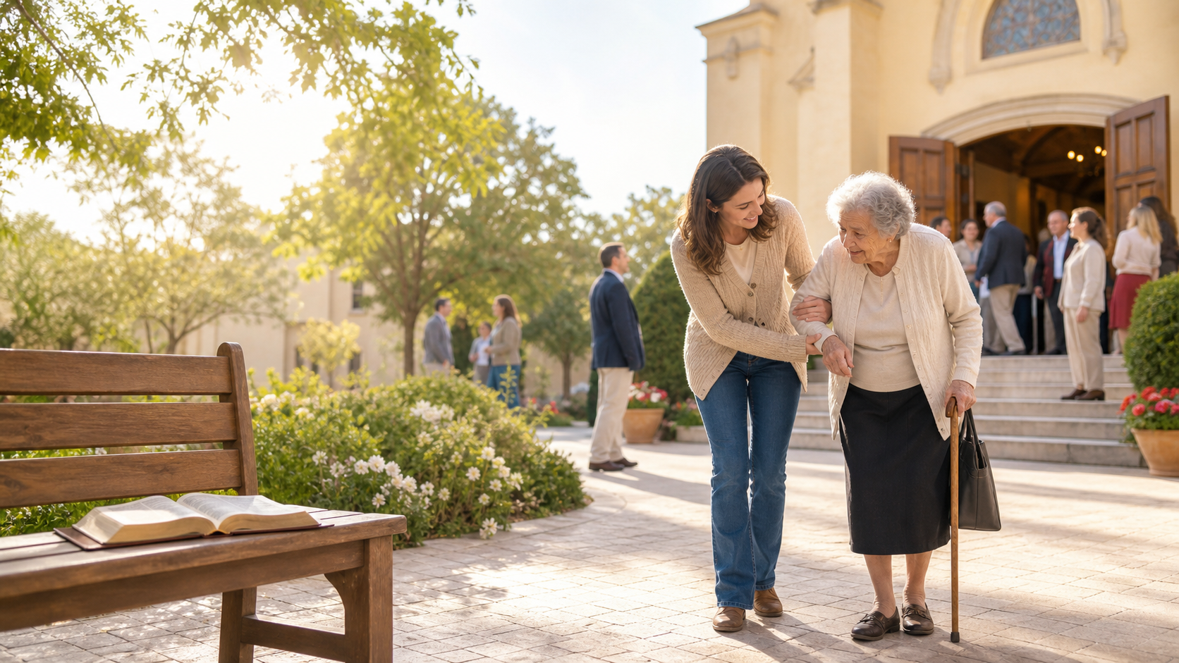 A churchgoer helps an elderly woman in a bright church courtyard after worship