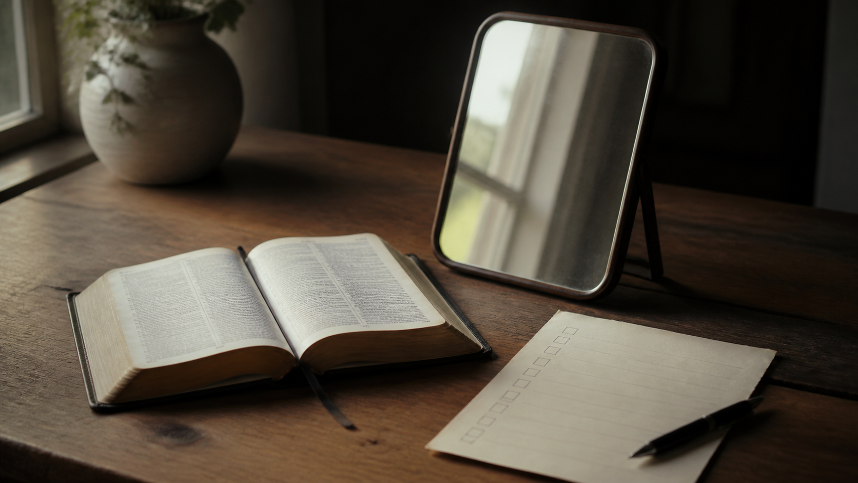 An open Bible beside a mirror and a checklist in calm directional light