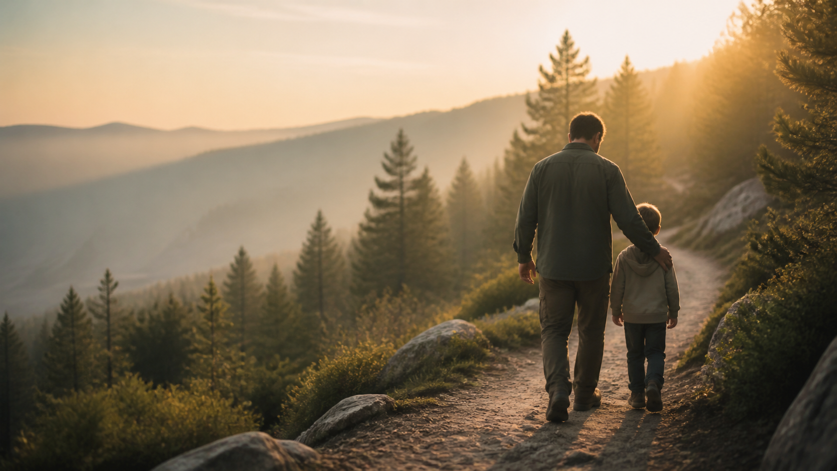 A father walks with his child, guiding them with a hand on the shoulder along a mountain path