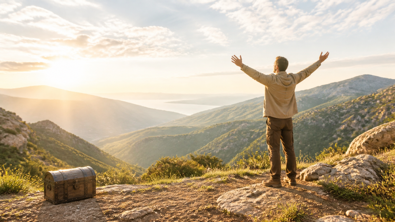 A person stands with open hands facing the dawn while leaving a small treasure chest behind