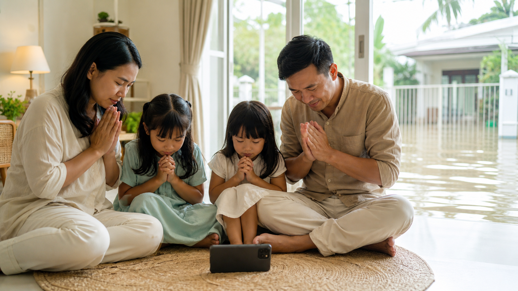 A family worships through a phone during a flood as the electricity comes back on