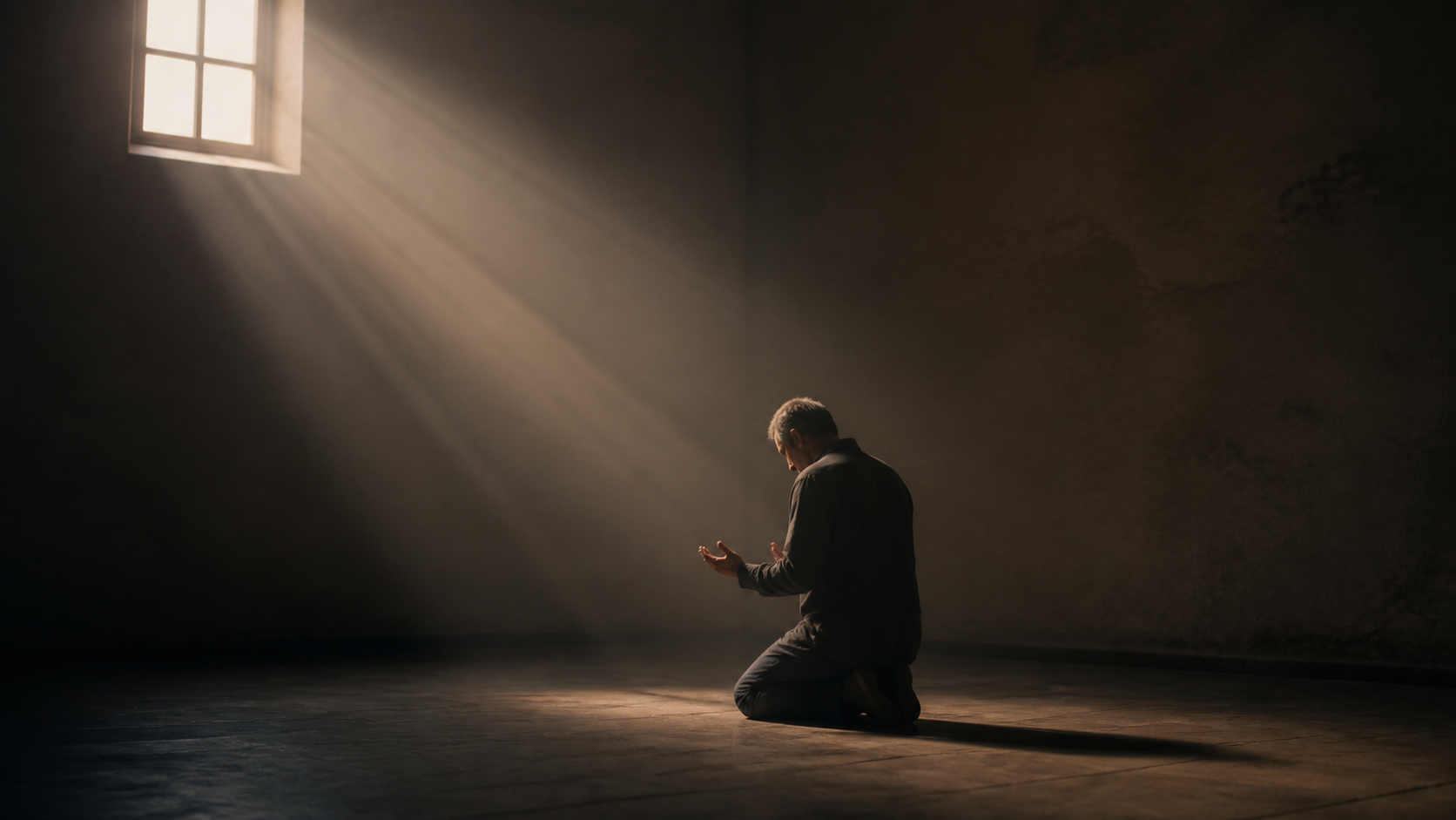 A person kneeling in a dim room as a gentle beam of light reaches them