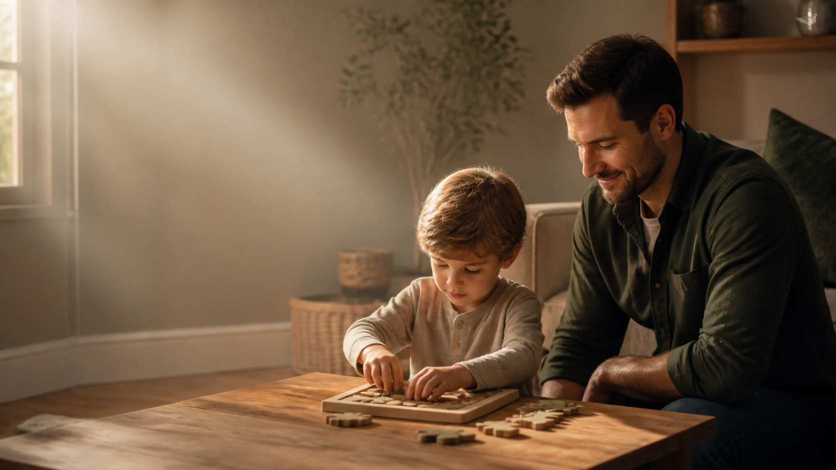 A father smiles gently while his child struggles to finish a wooden puzzle independently