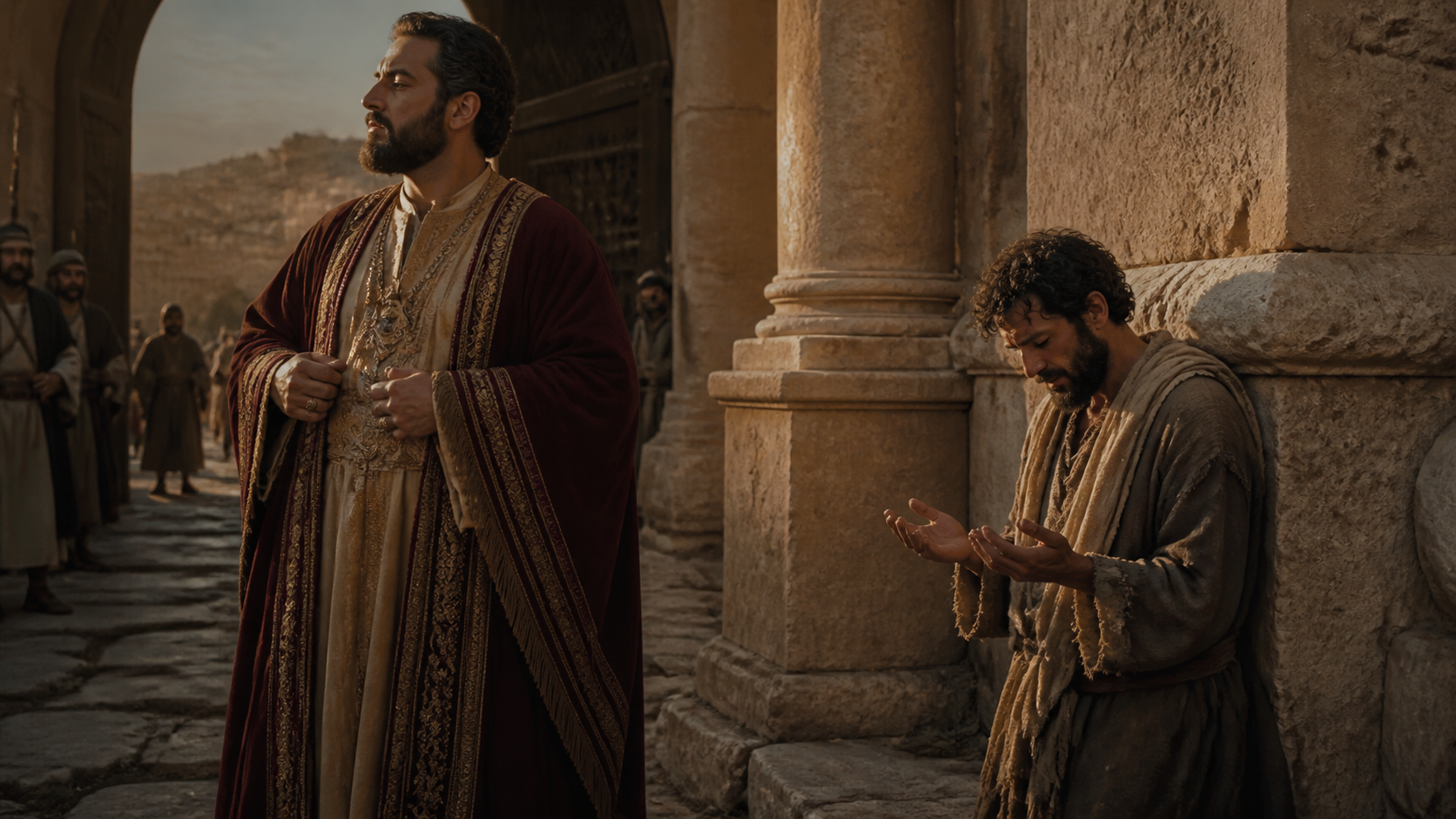 A wealthy man stands in thought while a humble person prays empty-handed near a gate
