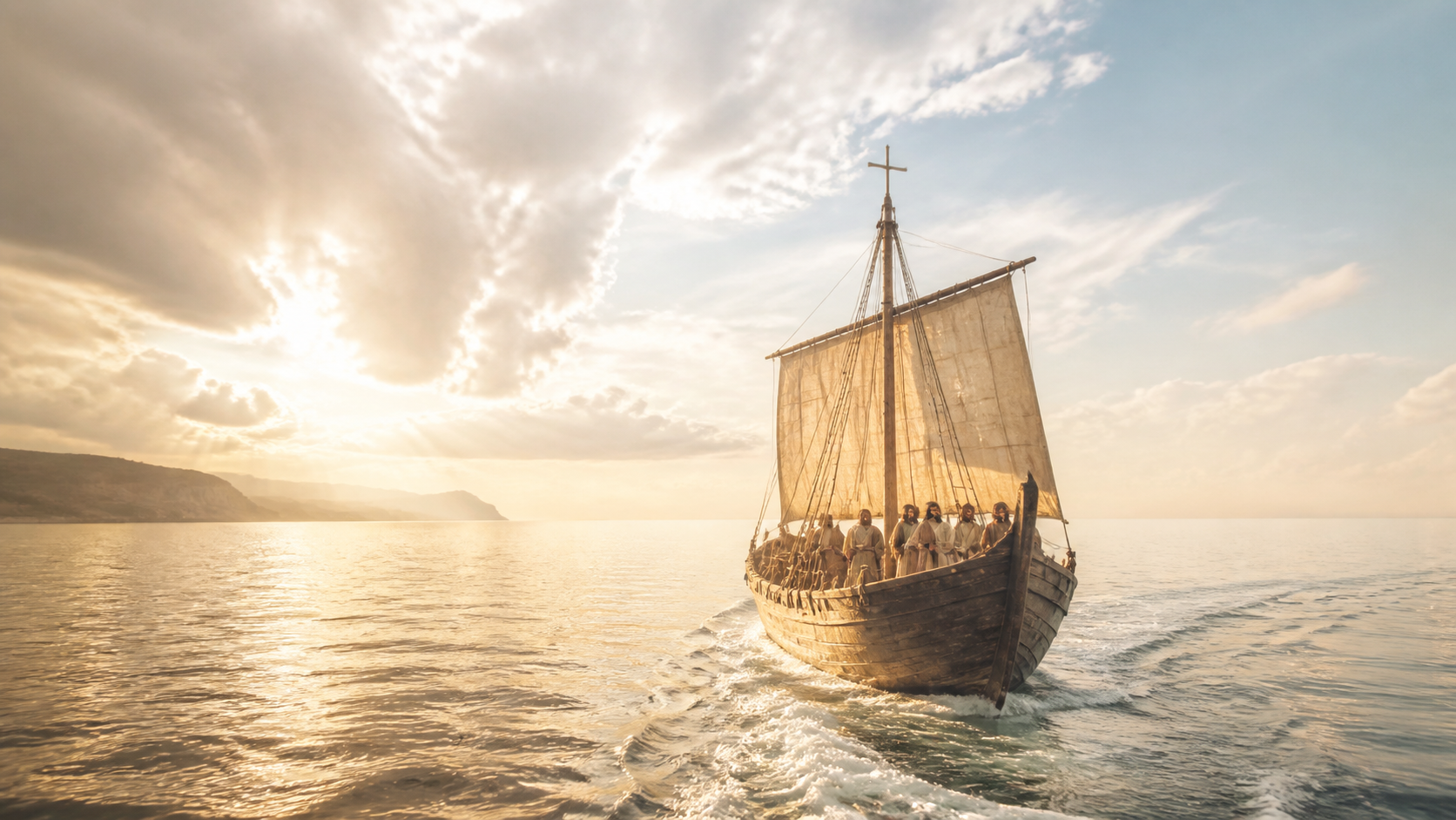 A ship sails out of a storm into a bright and peaceful sea