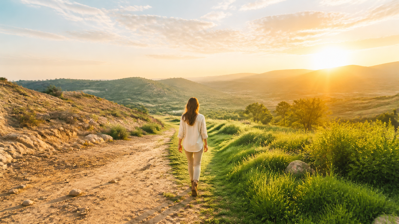A person walks from dusty ground toward a green valley illuminated by the rising sun