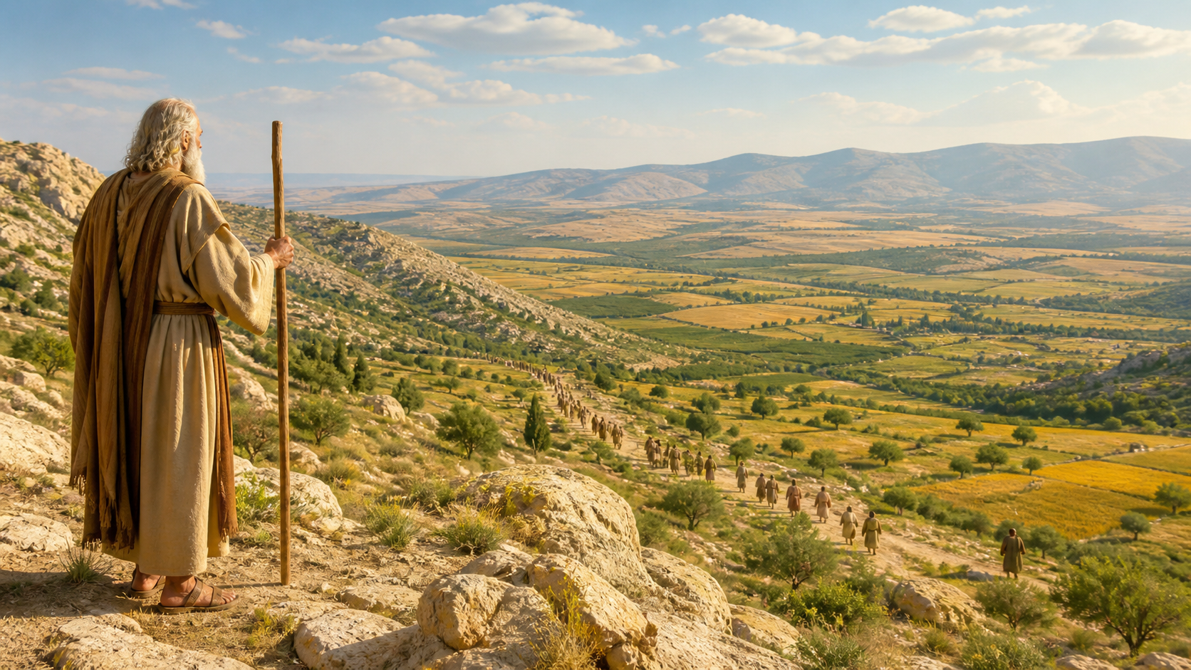 Moses looks toward the Promised Land from Mount Nebo while the people of Israel continue their journey in the distance