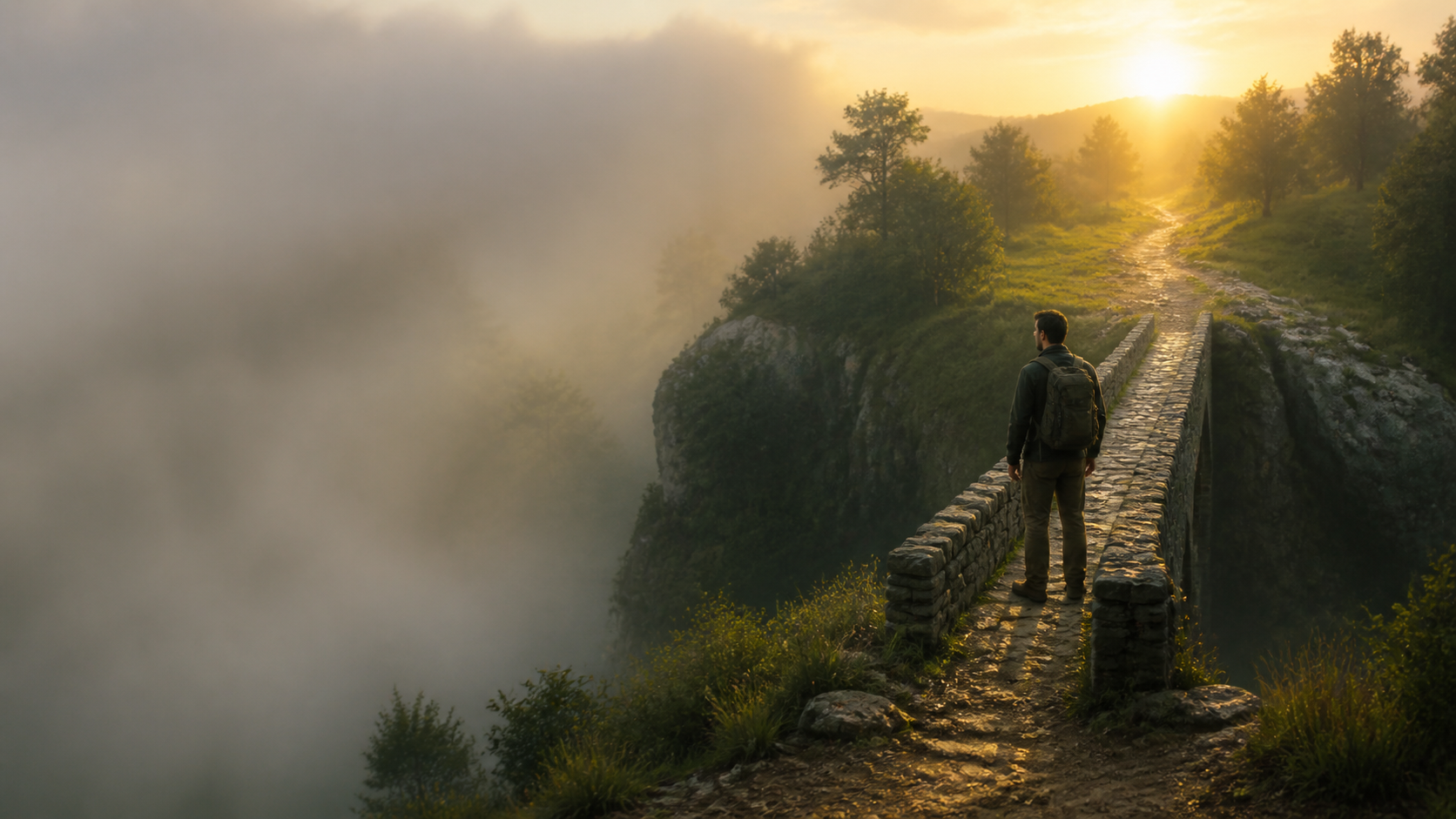 A traveler stands at the beginning of a narrow bridge crossing a misty valley toward the light