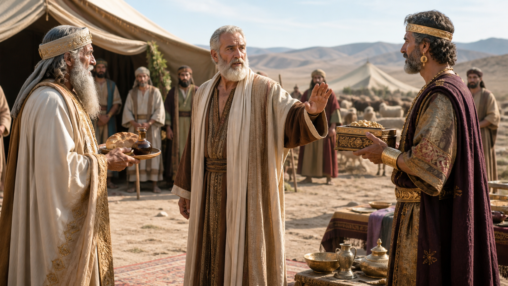 Abram raises his hand to refuse a king’s riches while bread and wine rest near Melchizedek