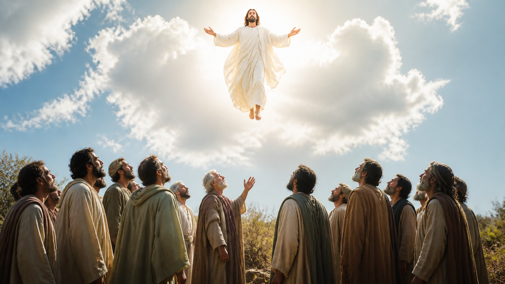 The disciples watch as Jesus is received into a luminous cloud above the Judean hills