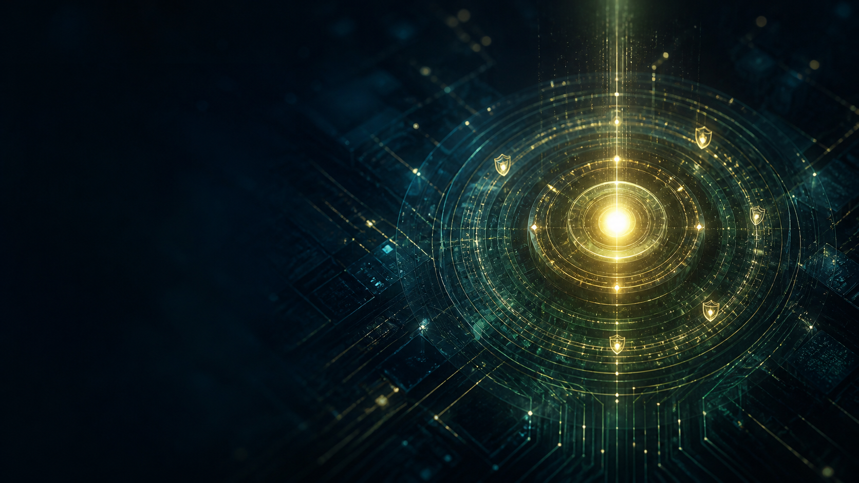 A glowing computer network core protected by layers of security in a dark technological setting