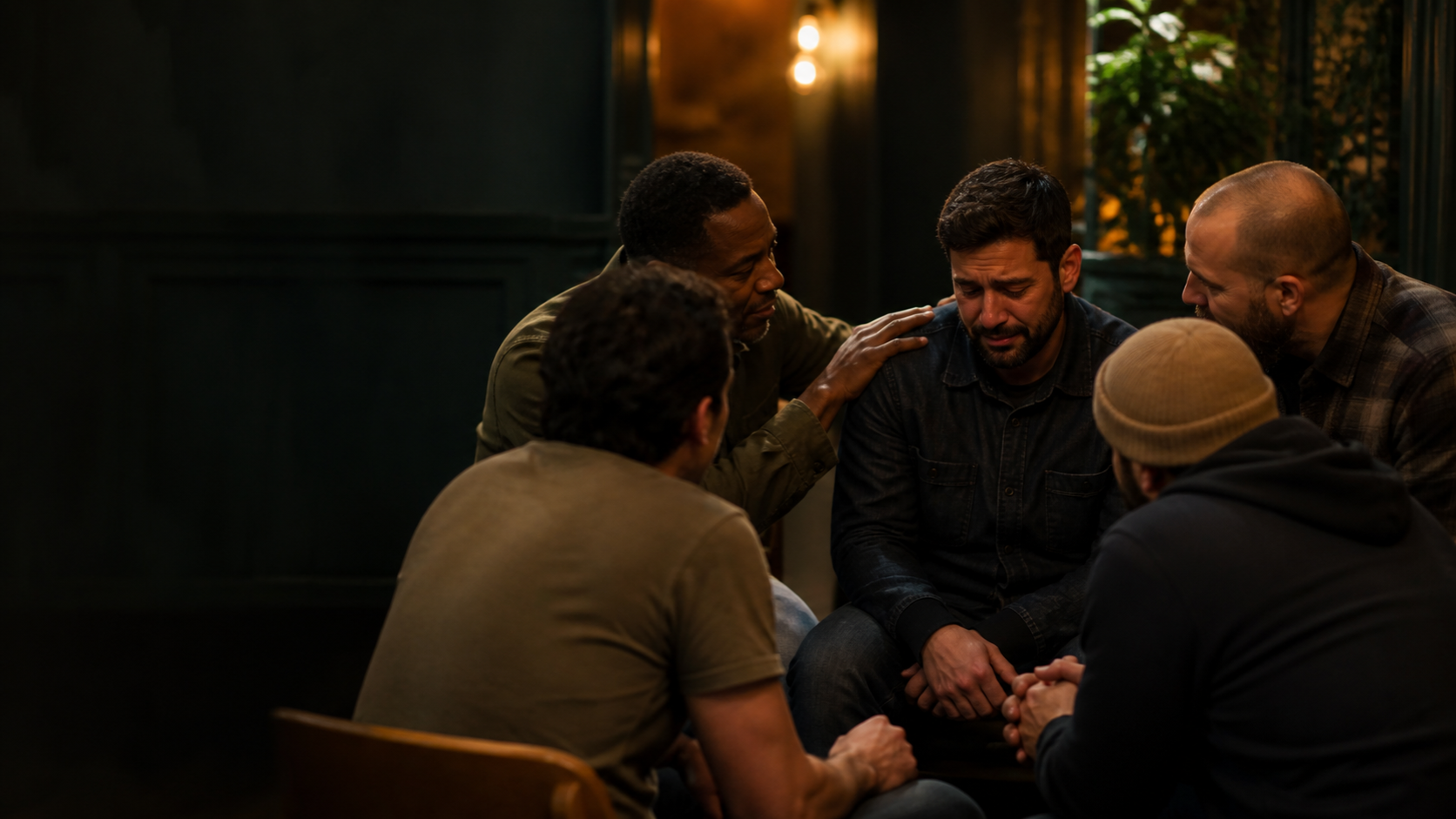 A group of men supporting an emotional friend in a warm fellowship gathering
