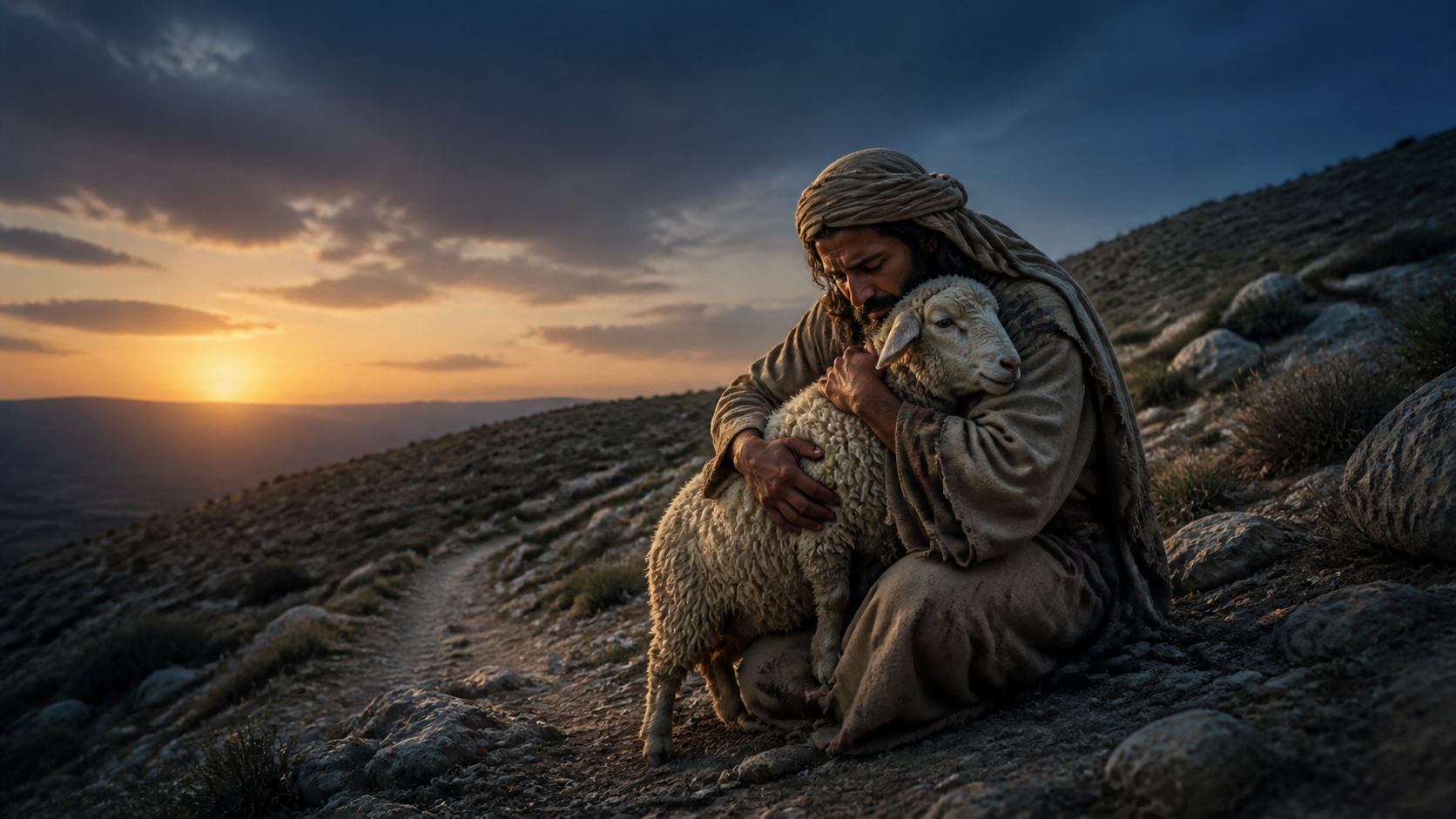 A shepherd finding and embracing one lost sheep at dusk