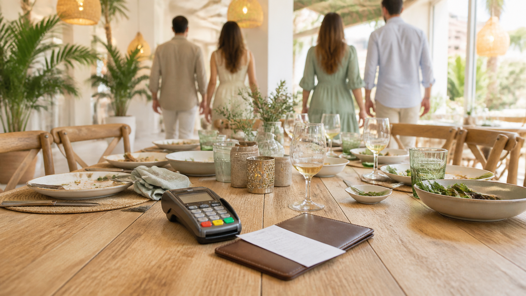 A restaurant receipt stamped paid in full on a brightly lit banquet table