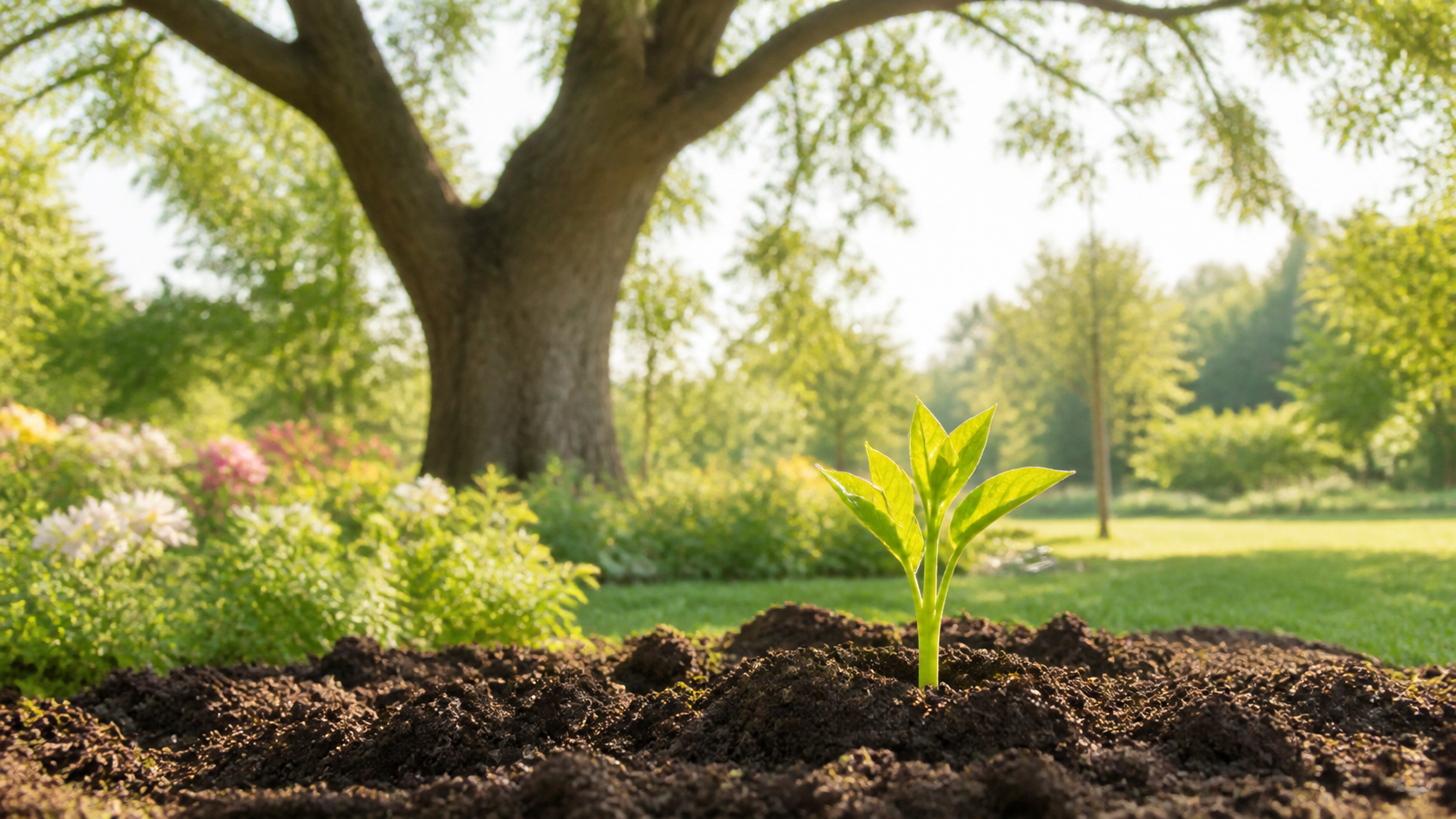 A fresh green shoot growing in bright morning light