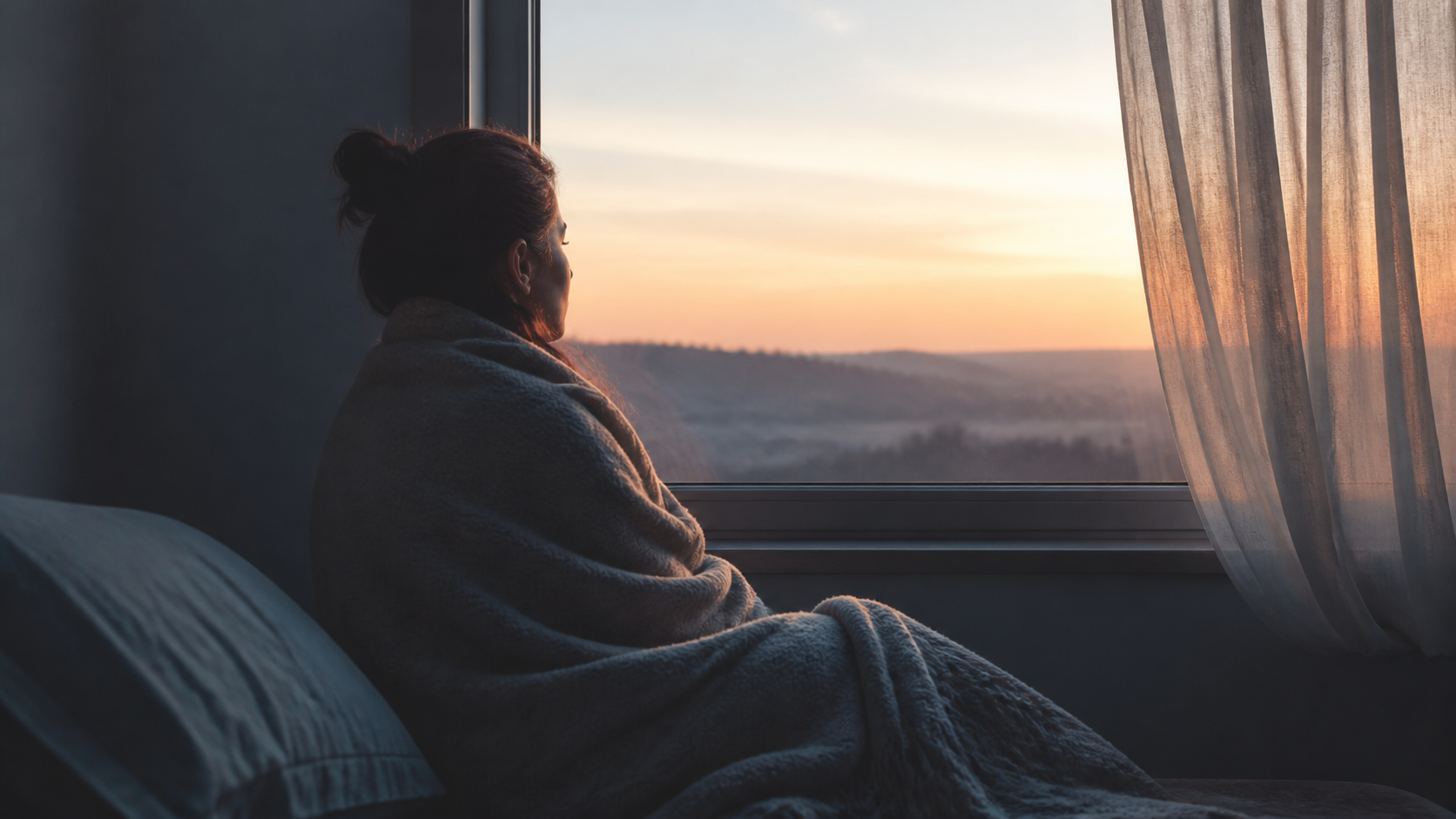 A person sitting quietly by a window as gentle dawn light enters the room