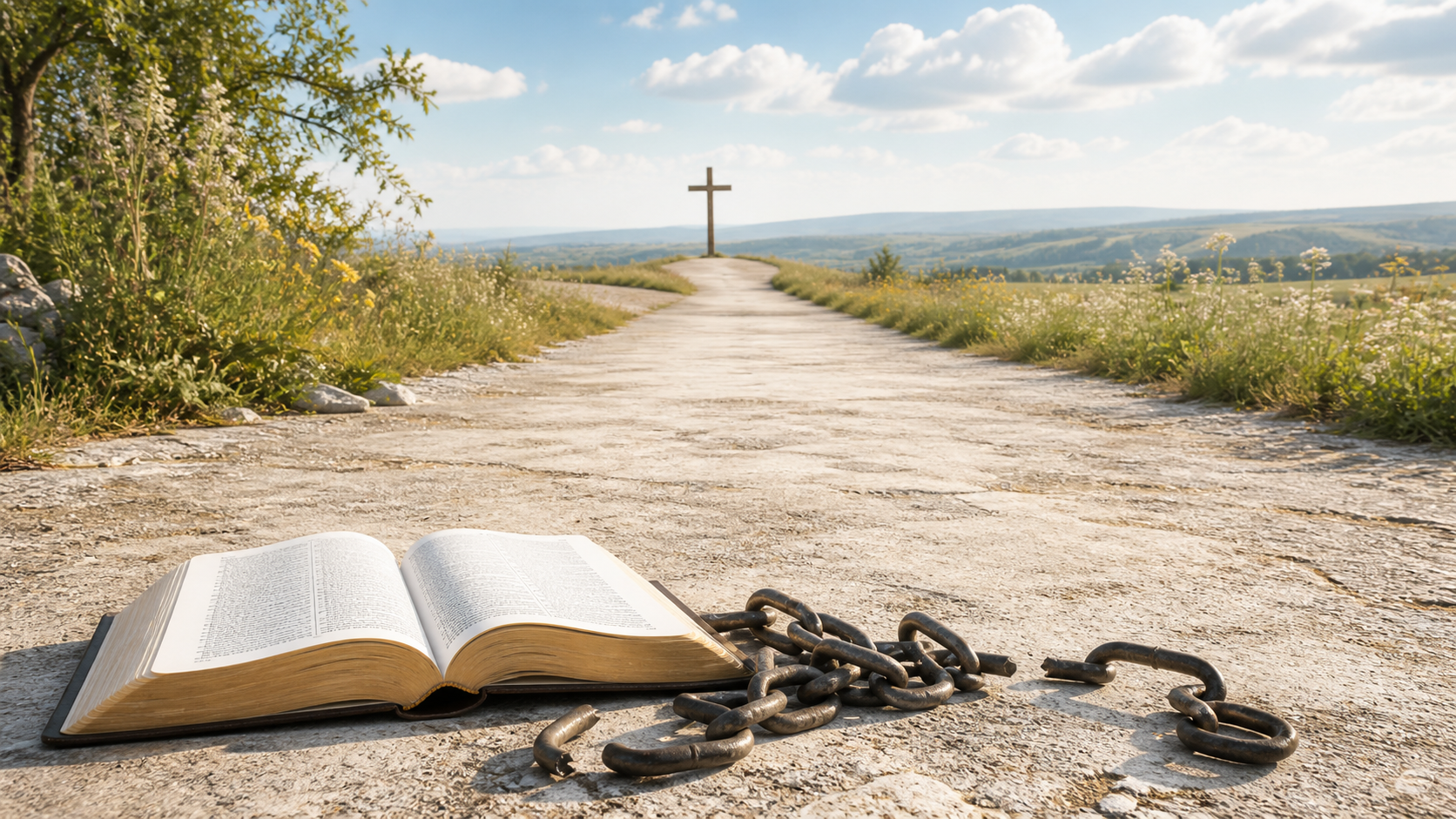 A bright path leads out of the shadows of broken chains toward a distant cross