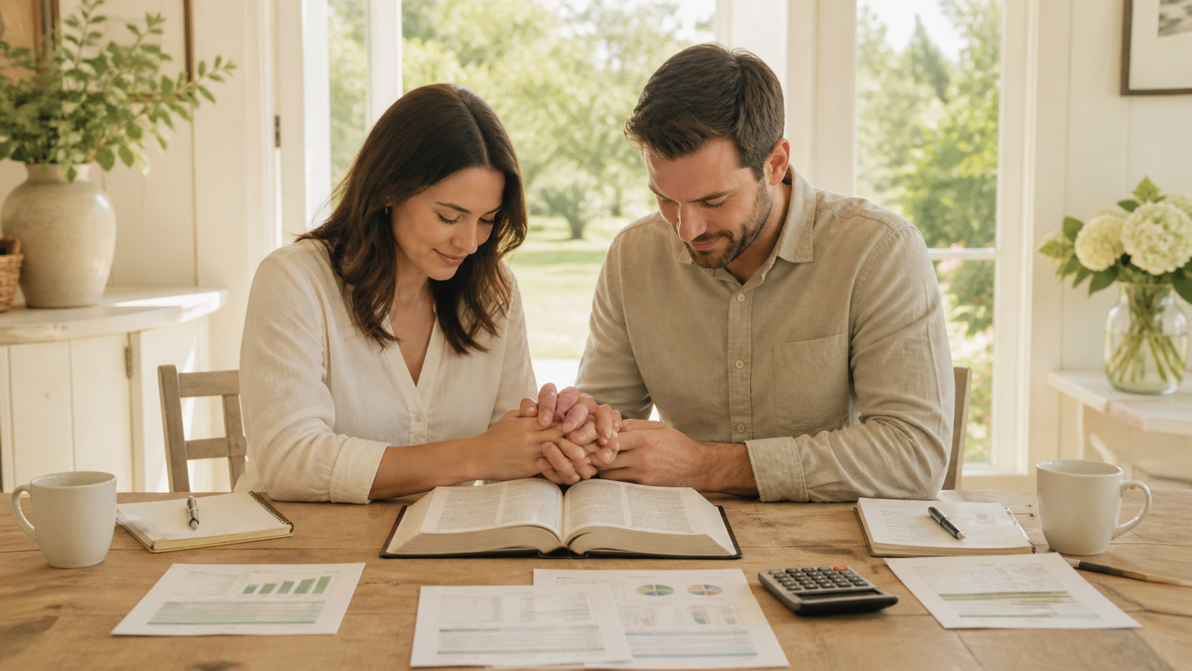 A married couple prays at a table with a Bible and documents as the sun rises after rain