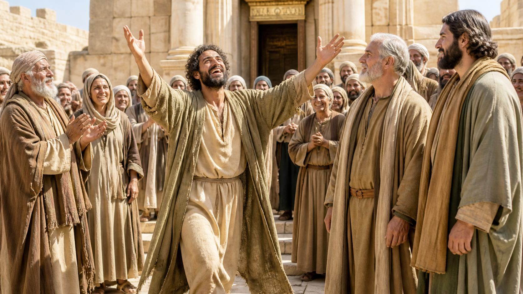 A healed man stands joyfully at the bright gate of the temple