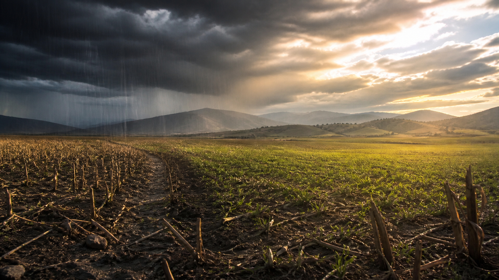 A field devastated by locusts as rain falls and green shoots emerge beneath new light